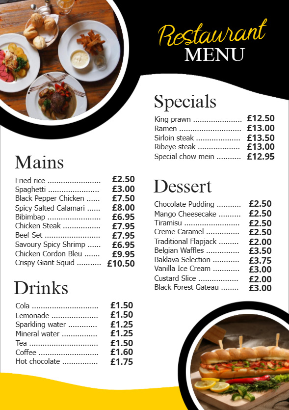 Black and Yellow Modern Food Menu