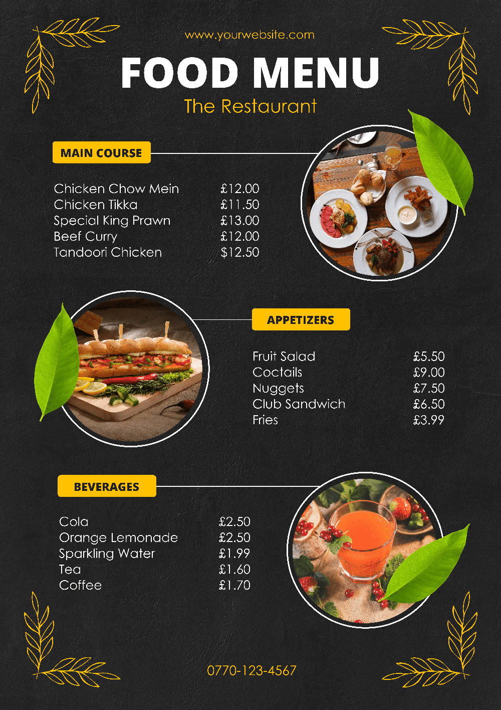 Yellow and Black Leafy Food Menu