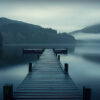 Landscape poster print. A wooden dock extends into a calm, misty lake surrounded by trees and hills. The sky is overcast, and fog partially obscures the distant landscape. The scene appears tranquil and cool-toned. A1–A4 sizes.