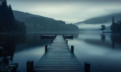 Landscape poster print. A wooden dock extends into a calm, misty lake surrounded by trees and hills. The sky is overcast, and fog partially obscures the distant landscape. The scene appears tranquil and cool-toned. A1–A4 sizes.
