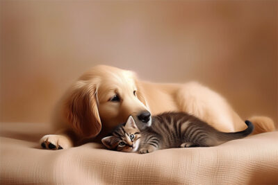 A golden retriever lies on a blanket next to a tabby kitten, both resting closely together against a soft, beige background. Wall art print available in A1 to A4 sizes.
