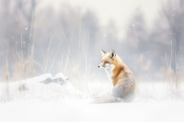 product-image A red fox sits in a snowy field surrounded by dry grass, with a soft-focus winter landscape in the background. Snowflakes are gently falling. Wall art print available in A1 to A4 sizes.