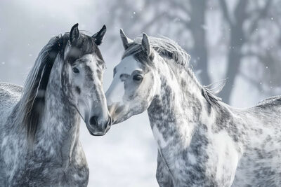 Two grey horses with dappled coats stand close together in a snowy landscape, with snowflakes falling around them and blurred trees in the background. Wall art print available in A1 to A4 sizes.