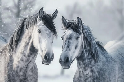 Two grey horses with black manes stand close together in a snowy outdoor setting, with snowflakes visible on their coats and in the air. Wall art print available in A1 to A4 sizes.