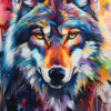 A vibrant, multicoloured painting of a wolf’s face, featuring bold, expressive brushstrokes and a spectrum of bright hues on a splattered background. Wolf art print available in A1 to A4 sizes.