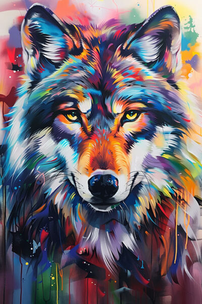 A vibrant, multicoloured painting of a wolf’s face, featuring bold, expressive brushstrokes and a spectrum of bright hues on a splattered background. Wolf art print available in A1 to A4 sizes.