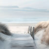 Landscape art poster print. Wooden boardwalk leading through sand dunes with beach grass towards a calm, cloudy shoreline. A1–A4 sizes.