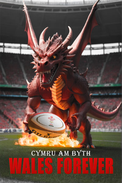 A fierce Welsh Dragon clutching a rugby ball stands on the stadium field, flames at its feet. Bold text reads CYMRU AM BYTH WALES FOREVER—perfect as a striking Wales Poster for true fans. Welsh rugby poster available in A1 to A4 sizes.