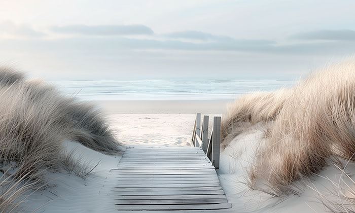 product-image Landscape art poster print. Wooden boardwalk leading through sand dunes with beach grass towards a calm, cloudy shoreline. A1–A4 sizes.