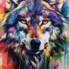 A close-up painting of a wolf's face depicted in vibrant, multicoloured strokes against a colourful abstract background. Wolf art print available in A1 to A4 sizes.
