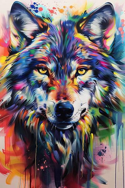 A close-up painting of a wolf's face depicted in vibrant, multicoloured strokes against a colourful abstract background. Wolf art print available in A1 to A4 sizes.