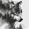 A monochrome illustration of a wolf’s head blends with a misty forest and mountain landscape, with trees and birds in the background. Wolf art print available in A1 to A4 sizes.