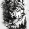 Black and white illustration of a wolf’s face with a full moon, trees, mountains, and birds integrated into the background and lower part of the image. Wolf art print available in A1 to A4 sizes.