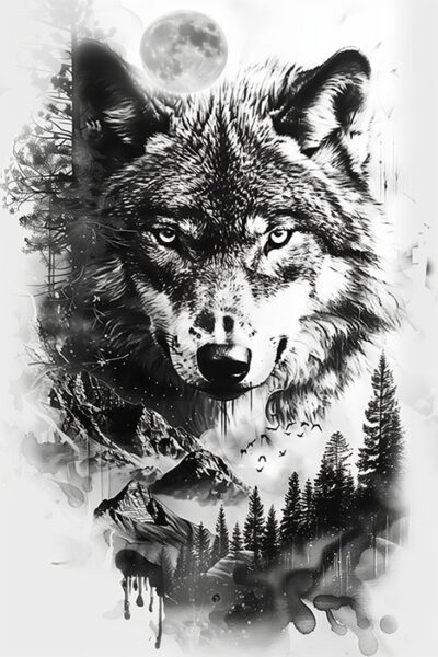 Black and white illustration of a wolf’s face with a full moon, trees, mountains, and birds integrated into the background and lower part of the image. Wolf art print available in A1 to A4 sizes.