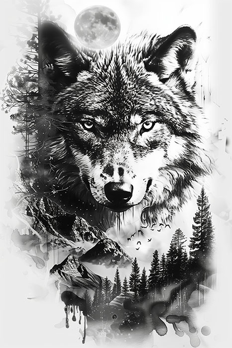 product-image Black and white illustration of a wolf’s face with a full moon, trees, mountains, and birds integrated into the background and lower part of the image. Wolf art print available in A1 to A4 sizes.
