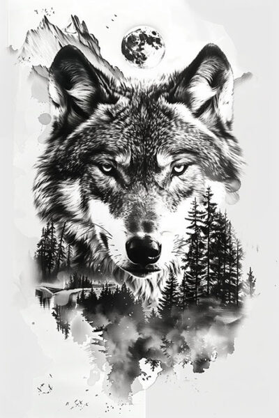 Black and white illustration of a wolf’s face with a forest, mountains, and a full moon blended into its fur and background. Wolf art print available in A1 to A4 sizes.