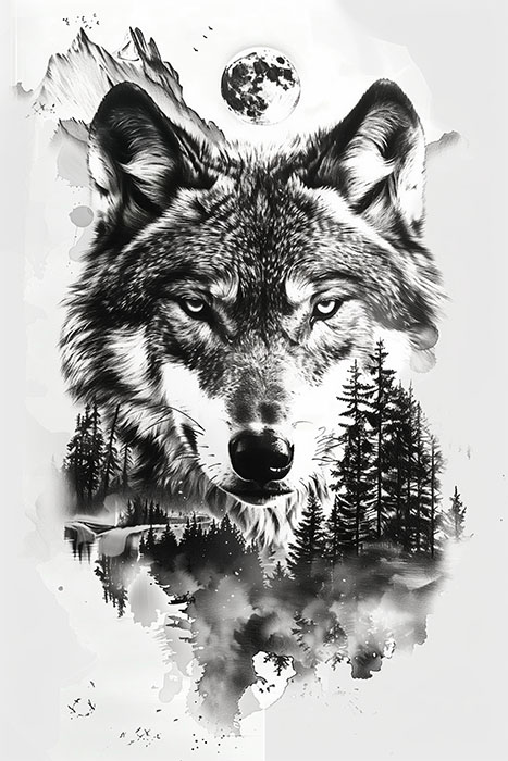 product-image Black and white illustration of a wolf’s face with a forest, mountains, and a full moon blended into its fur and background. Wolf art print available in A1 to A4 sizes.