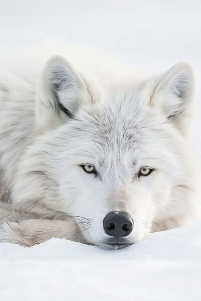 A white Arctic wolf lies on snow, facing forward with its head resting on the ground and ears perked. Wolf print available in A1 to A4 sizes.