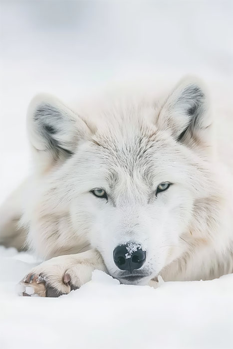 product-image An Arctic wolf lies on snow, resting its head on its front paw and looking directly at the camera. Wolf print available in A1 to A4 sizes.