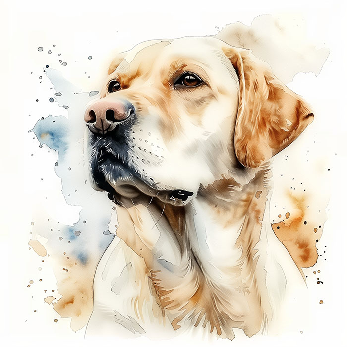 product-image A watercolour-style illustration of a yellow Labrador Retriever, shown from the shoulders up, looking slightly upward with a neutral expression. Dog art print available in A1 to A4 sizes.