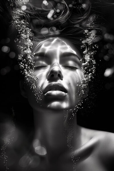 A woman’s face is partially submerged underwater, with closed eyes and bubbles rising around her in a dark, high-contrast setting. Black and white art poster available in A1 to A4 sizes.