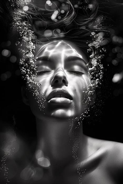 A woman’s face is partially submerged underwater, with closed eyes and bubbles rising around her in a dark, high-contrast setting. Black and white art poster available in A1 to A4 sizes.