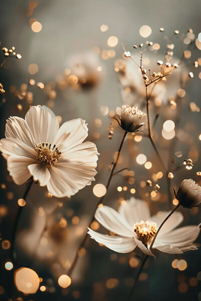Close-up of light-colored flowers with delicate petals and yellow centres, surrounded by soft-focus lights and blurred background foliage. Floral print available in A1 to A4 sizes.