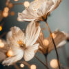 Close-up of delicate white flowers with yellow stamens, surrounded by warm, softly glowing bokeh lights against a muted background. Floral print available in A1 to A4 sizes.