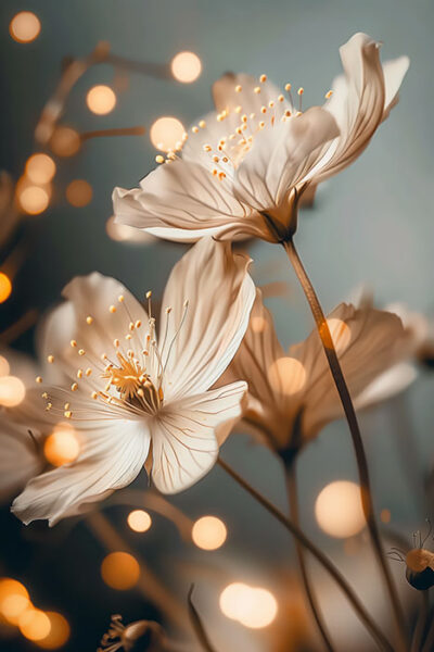 Close-up of delicate white flowers with yellow stamens, surrounded by warm, softly glowing bokeh lights against a muted background. Floral print available in A1 to A4 sizes.