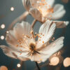 Close-up of two white flowers with yellow stamens, surrounded by warm, glowing bokeh lights against a soft, blurred background. Floral print available in A1 to A4 sizes.