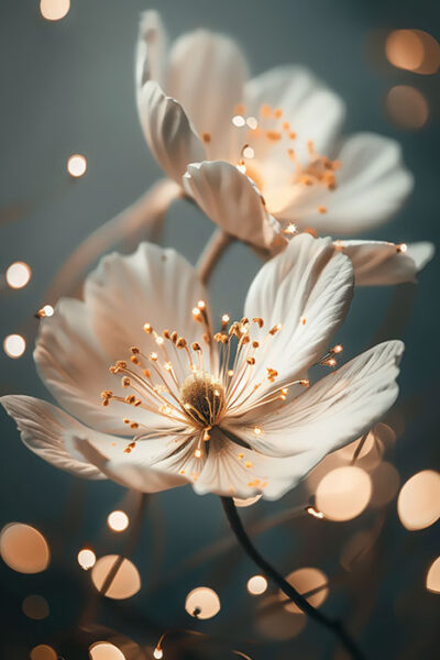 Close-up of two white flowers with yellow stamens, surrounded by warm, glowing bokeh lights against a soft, blurred background. Floral print available in A1 to A4 sizes.