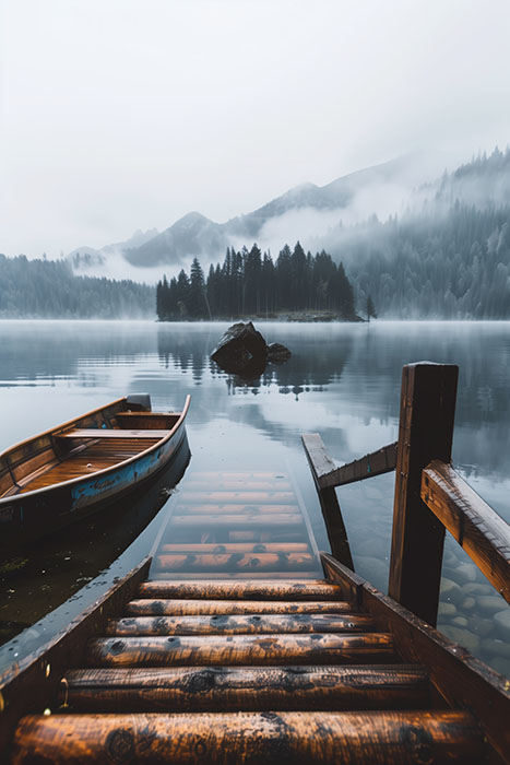 A wooden dock and canoe sit on a calm lake with misty mountains and dense trees in the background. Nature and landscape print available in A1 to A4 sizes.