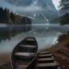 A wooden rowboat sits by a wooden dock on a calm lake, surrounded by trees and mountains partially covered in mist. Nature and landscape print available in A1 to A4 sizes.