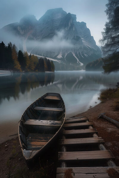 A wooden rowboat sits by a wooden dock on a calm lake, surrounded by trees and mountains partially covered in mist. Nature and landscape print available in A1 to A4 sizes.