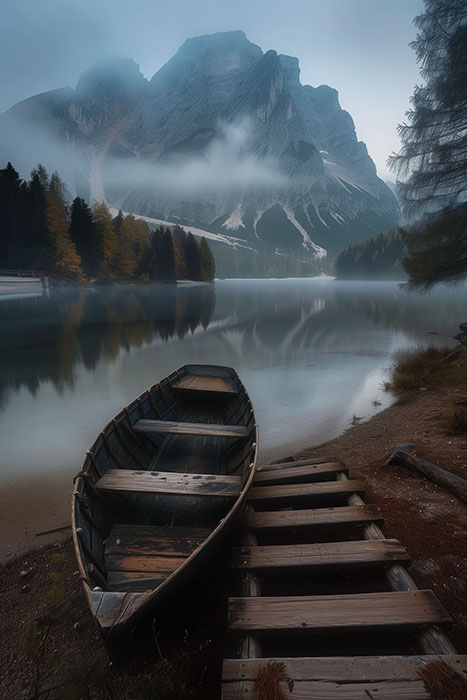 product-image A wooden rowboat sits by a wooden dock on a calm lake, surrounded by trees and mountains partially covered in mist. Nature and landscape print available in A1 to A4 sizes.