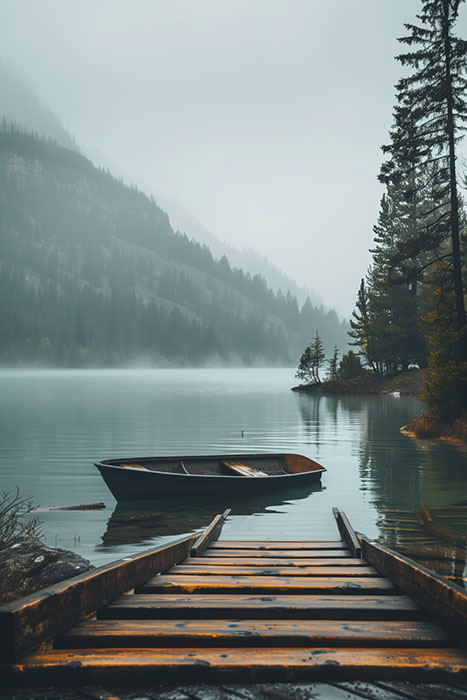 A wooden rowboat floats next to a rustic dock on a calm, misty lake surrounded by pine trees and forested mountains. Nature and landscape print available in A1 to A4 sizes.