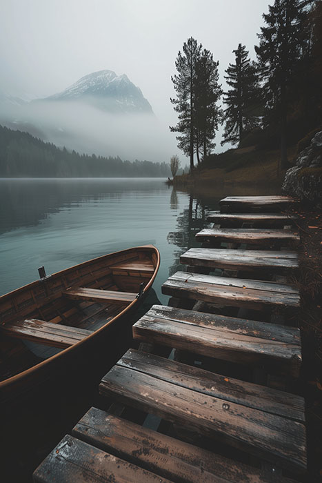 Wooden rowboat on a calm lake beside a weathered wooden dock, with trees and a misty mountain in the background. Nature and landscape print available in A1 to A4 sizes.