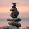 A stack of various-sized rocks is balanced on top of each other, with a blurred sunset sky and water in the background. Nature and landscape print available in A1 to A4 sizes.