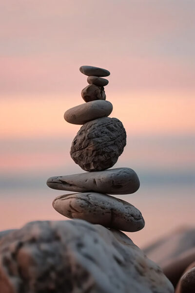 A stack of various-sized rocks is balanced on top of each other, with a blurred sunset sky and water in the background. Nature and landscape print available in A1 to A4 sizes.