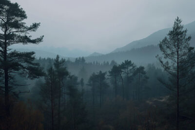 Foggy forest landscape with tall pine trees and distant mountains partially obscured by mist under a cloudy sky. Nature and landscape print available in A1 to A4 sizes.