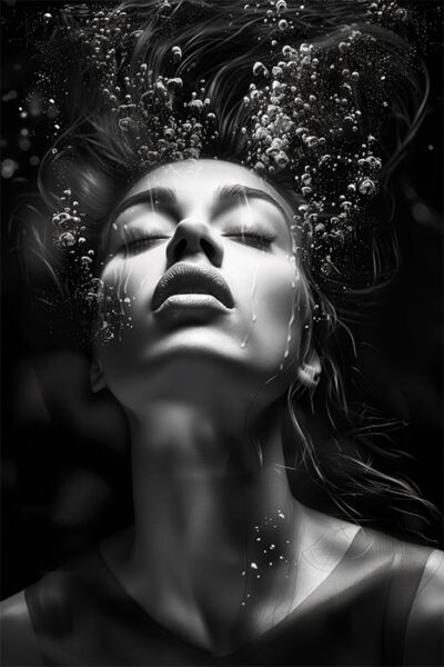 Fantasy art poster. The Woman Underwater Black and White 1 features a woman with closed eyes and parted lips submerged underwater, air bubbles rising around her face, and her hair flowing upwards in dramatic black-and-white lighting.