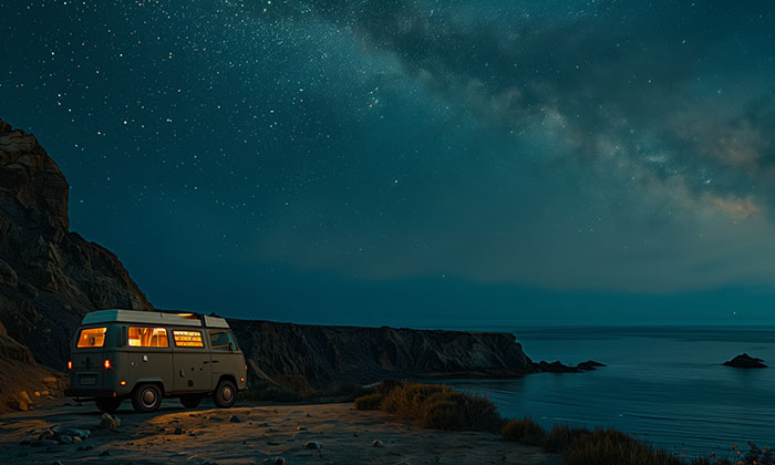 product-image A camper van with interior lights on is parked near a rocky coastline at night under a star-filled sky and the Milky Way. Explorer-themed print available in A1 to A4 sizes.