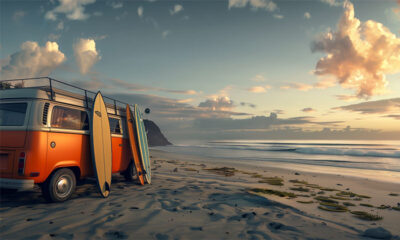 An orange van with surfboards leaning against it is parked on a sandy beach near the ocean at sunset. Surf life print available in A1 to A4 sizes.