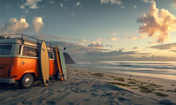 product-image An orange van with surfboards leaning against it is parked on a sandy beach near the ocean at sunset. Surf life print available in A1 to A4 sizes.