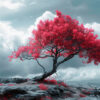 A lone Japanese maple tree with vibrant red leaves stands on a rocky landscape under a cloudy sky. Wall art print available in A1 to A4 sizes.