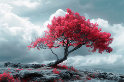 A lone Japanese maple tree with vibrant red leaves stands on a rocky landscape under a cloudy sky. Wall art print available in A1 to A4 sizes.