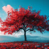 A single Japanese Maple with bright red leaves stands on a grassy field under a blue sky with scattered clouds. Wall art print available in A1 to A4 sizes.