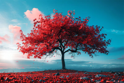 A single Japanese Maple with bright red leaves stands on a grassy field under a blue sky with scattered clouds. Wall art print available in A1 to A4 sizes.
