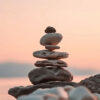 A balanced pebble stack of smooth stones is arranged on a rocky surface near water, with a soft pastel sky in the background. Wall art print available in A1 to A4 sizes.