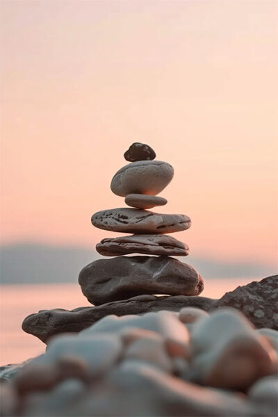 A balanced pebble stack of smooth stones is arranged on a rocky surface near water, with a soft pastel sky in the background. Wall art print available in A1 to A4 sizes.